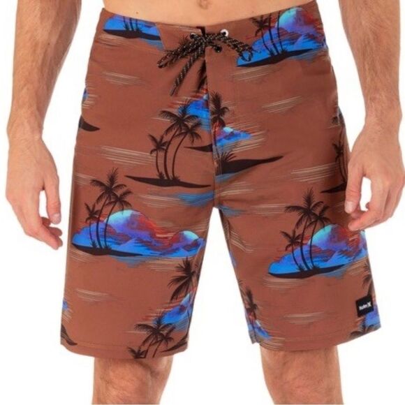 NWT Hurley Board Shorts Swim Phantom Quick Dry 4 Way Stretch Palm Tree Brown - Picture 8 of 8